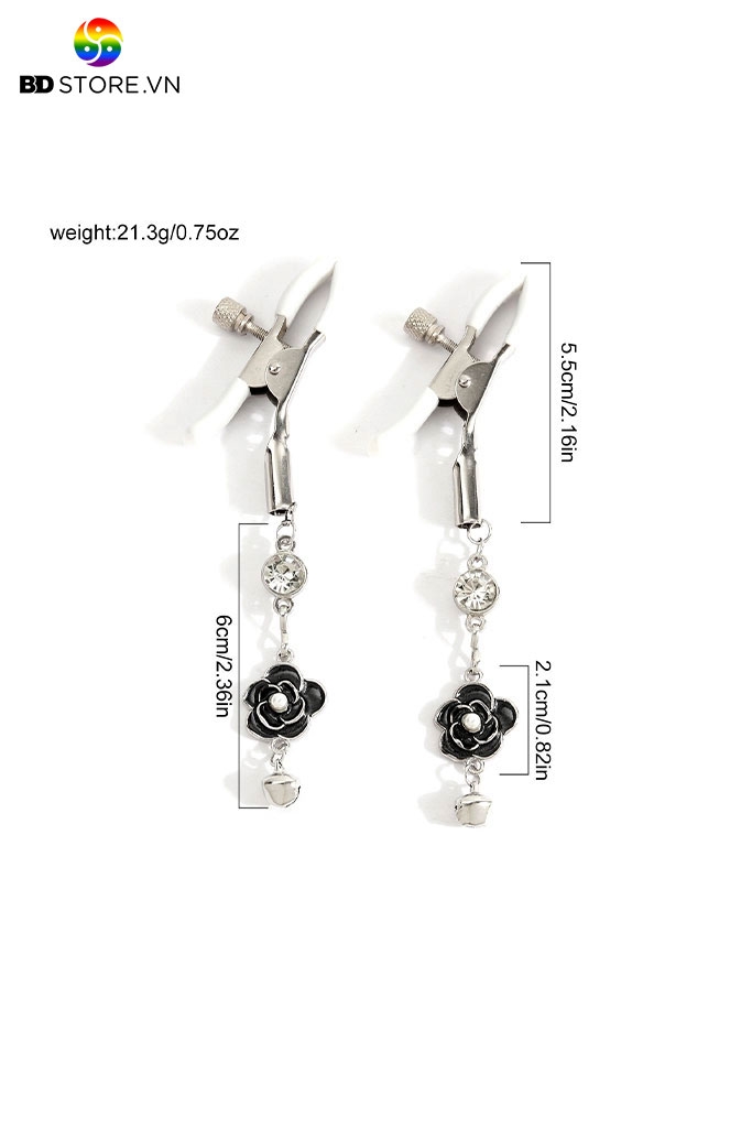 BDT735 - Kẹp núm vú kim loại bông hoa đen và hạt ánh kim dài 11.5cm