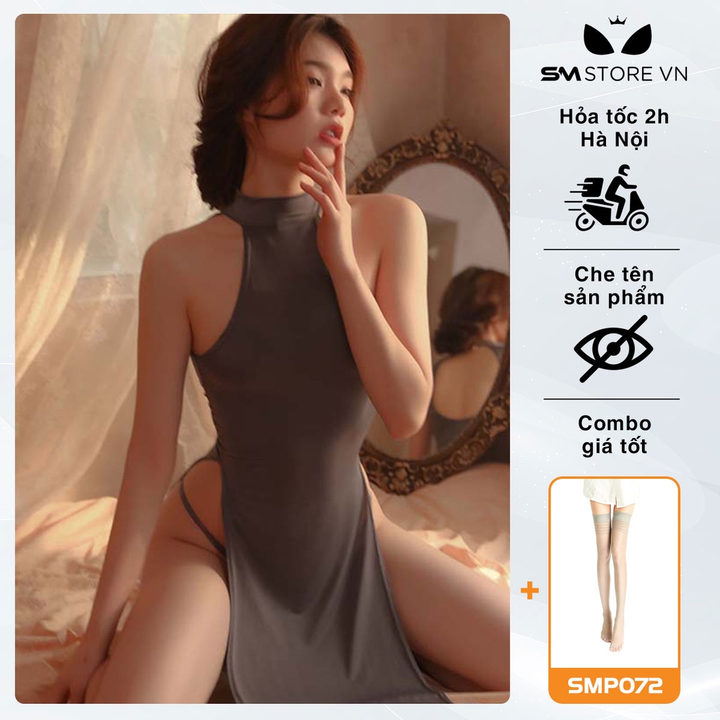SMS001 - Đầm ngủ sexy ôm body xẻ tà 2 bên hở vai lưng siêu gợi cảm