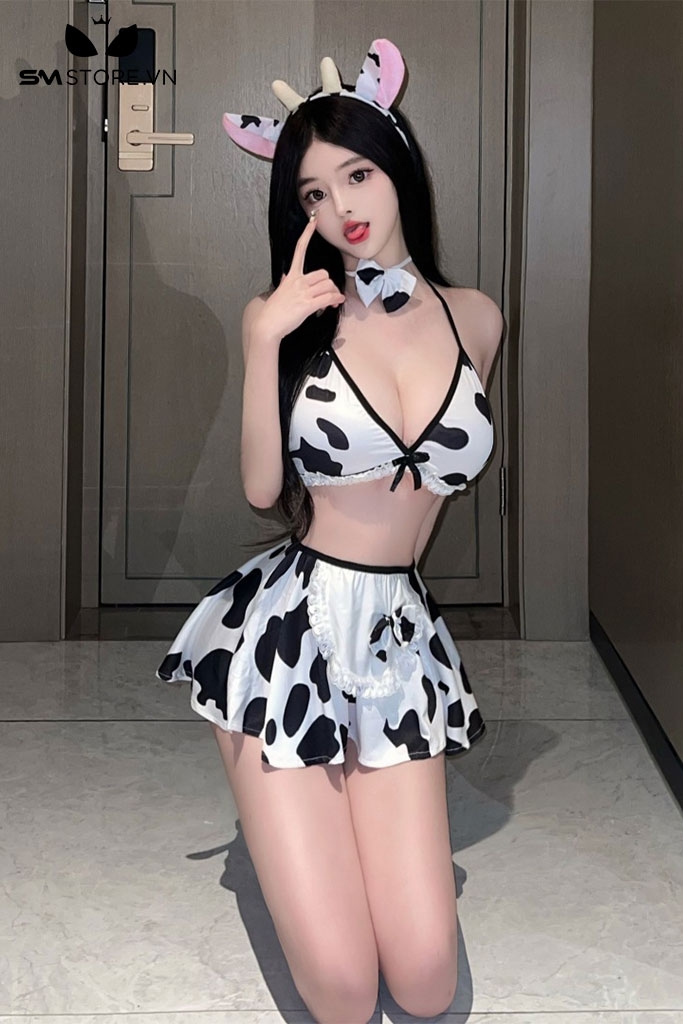 SMS106 - Cosplay bò sữa gồm áo hai dây và chân váy xòe siêu ngắn