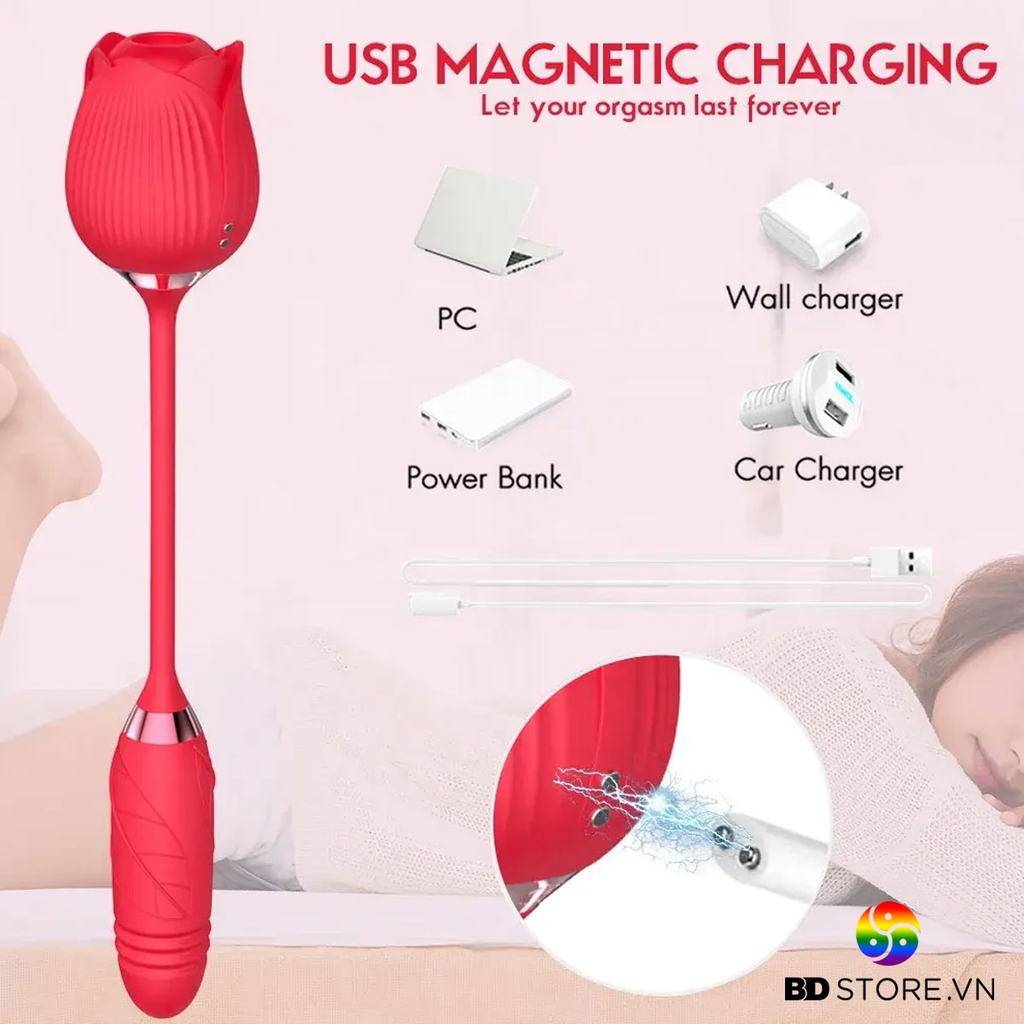BDT476 - Trứng rung hoa hồng 2 đầu có lưỡi liếm sạc điện kèm 10 chế độ