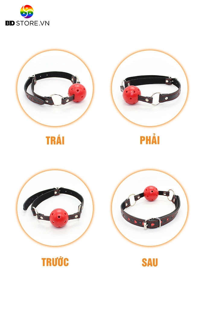 BDT023 - Ball gag có lỗ thoáng khí và dây đai da PU trái tim đỏ