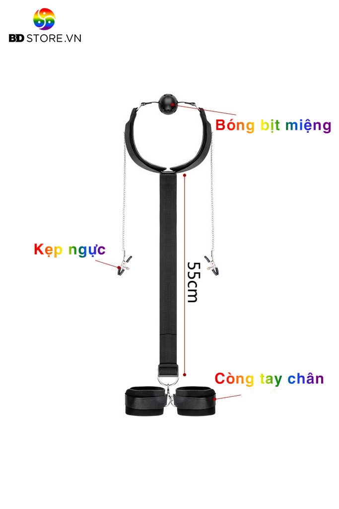 BDT633 - Đồ chơi với miệng ball gag silicon kèm còng tay dài 55cm