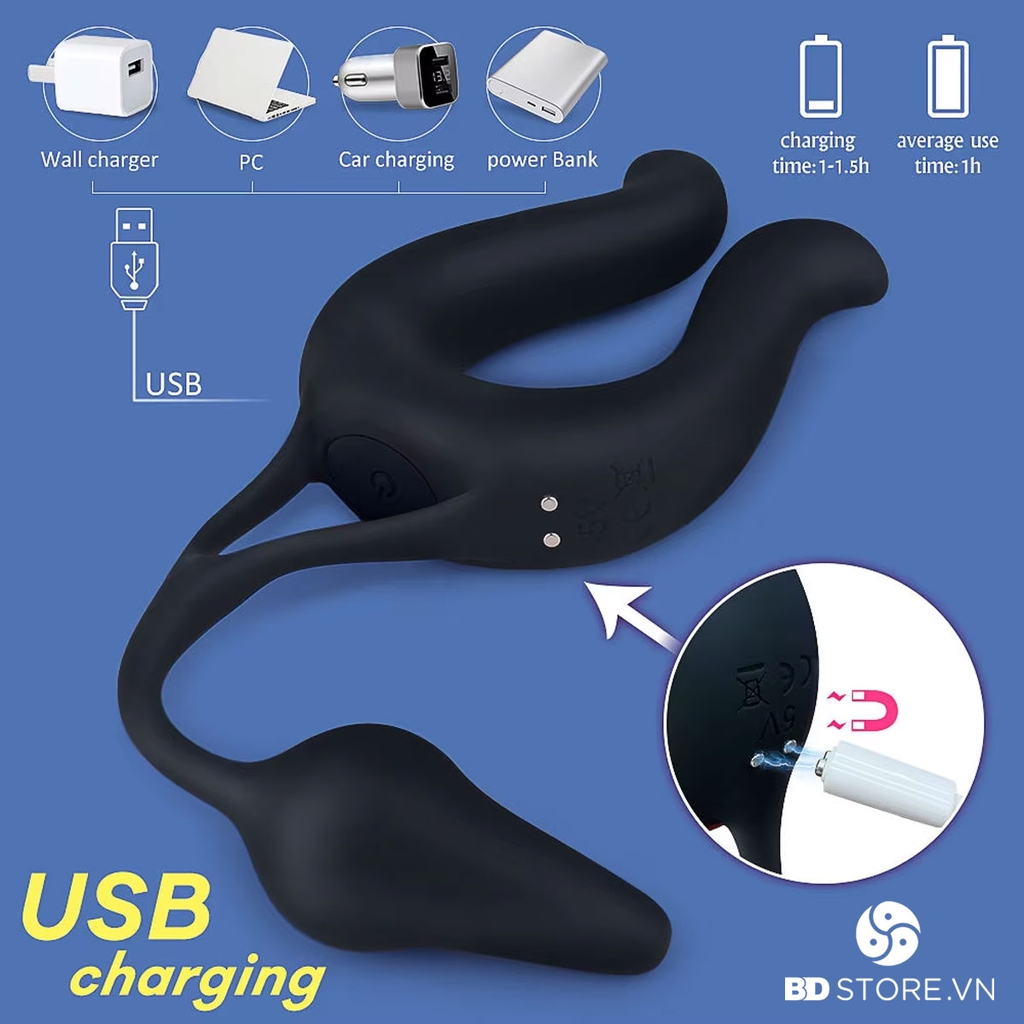 BDT1057 - Vòng rung đeo dương vật mix butt plug điều khiển từ xa sạc điện