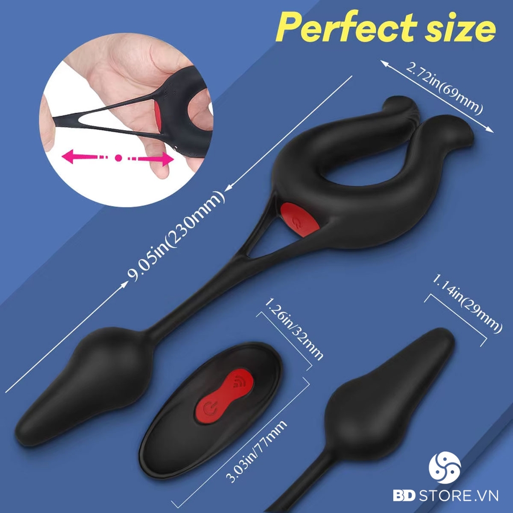 BDT1057 - Vòng rung đeo dương vật mix butt plug điều khiển từ xa sạc điện