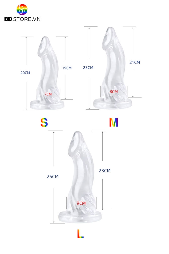 BDT1350 - Dương vật giả uốn cong trong suốt silicon có 3 size