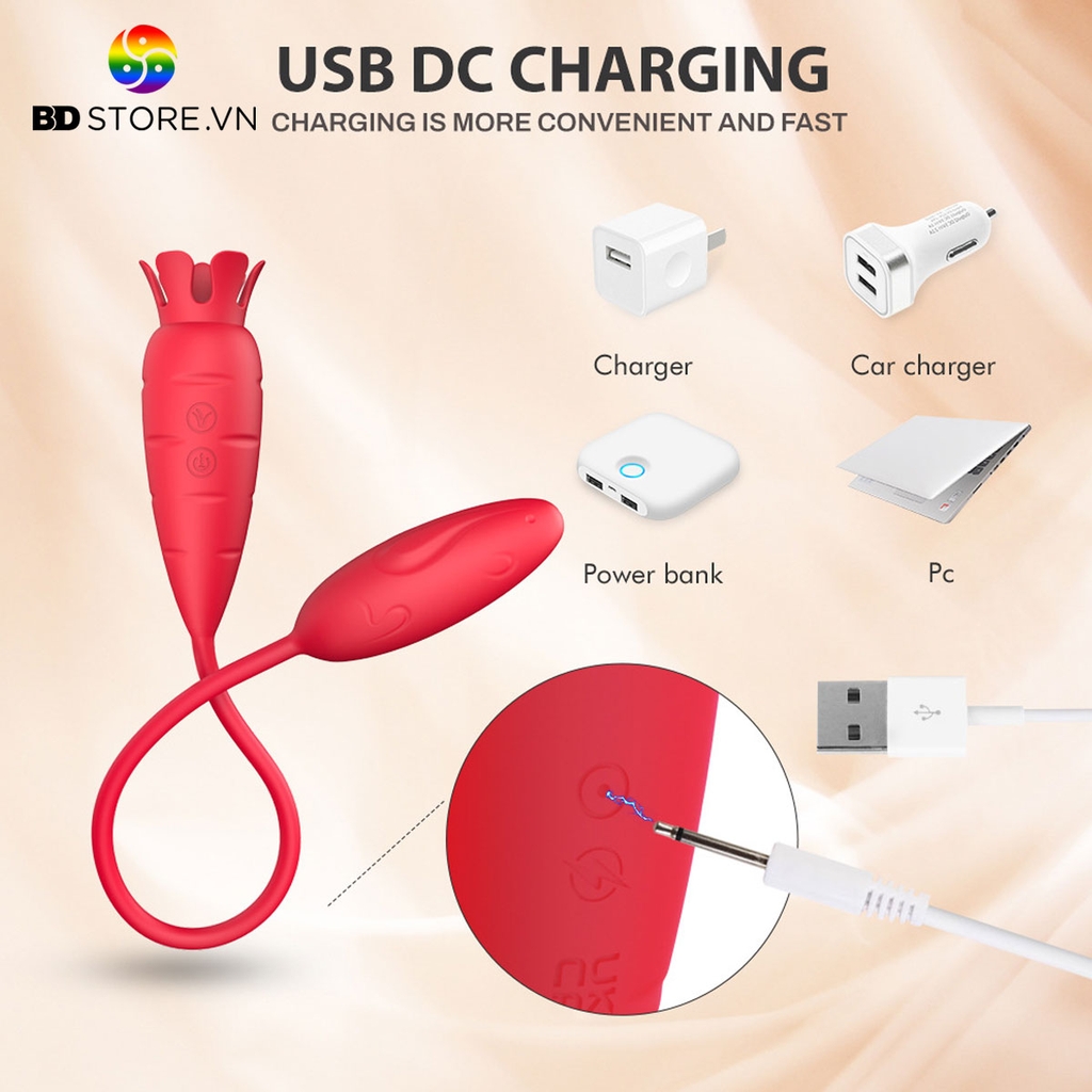 BDT1369 - Trứng rung 2 đầu củ cà rốt có 10 chế độ sạc điện chống nước