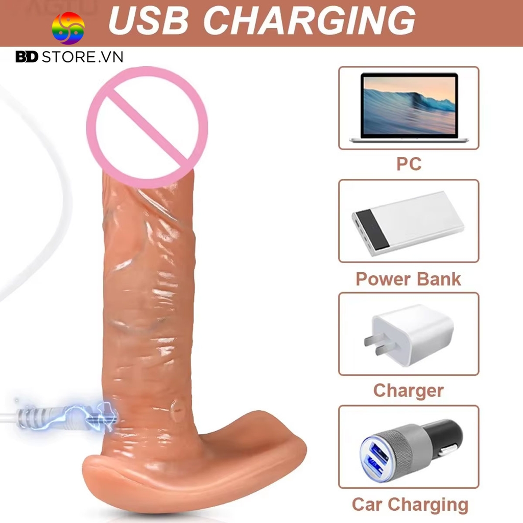BDT1625 - Dương vật giả silicon rung thụt tỏa nhiệt có đế dài 15.5cm