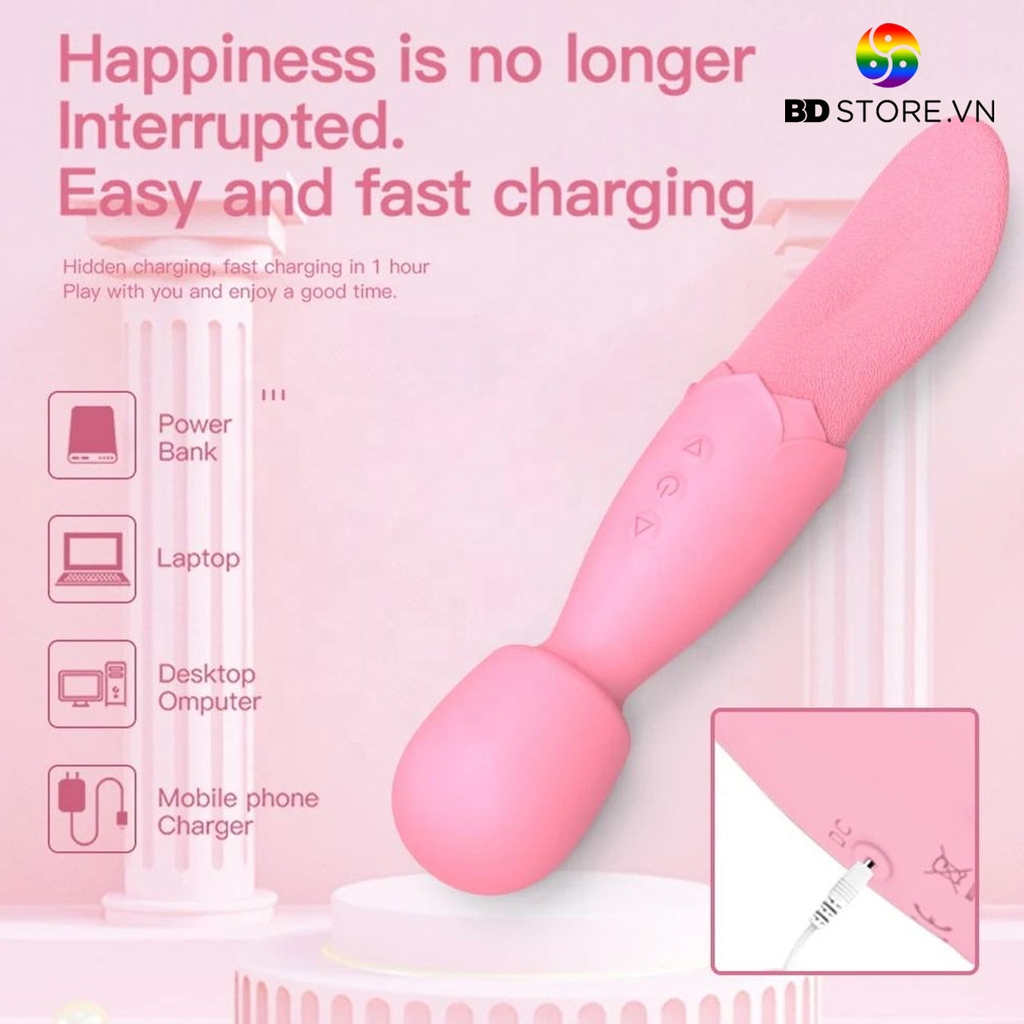 BDT1801 - Máy rung 2 đầu có đầu chày và lưỡi liếm 10 chế độ dài 186mm