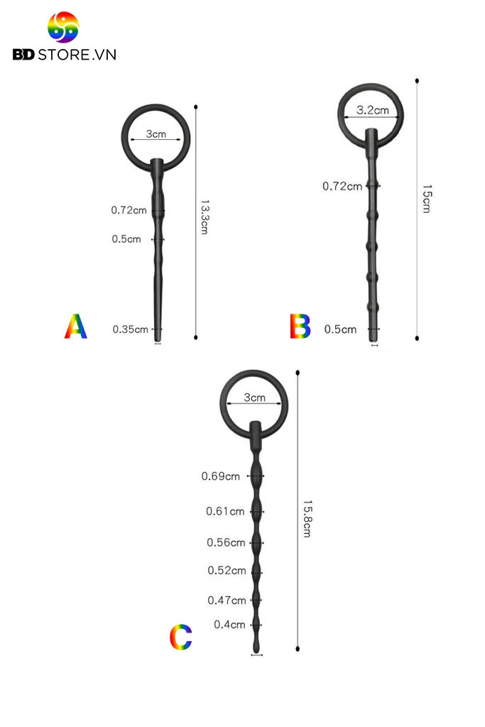 BDT2154 - Sounding silicon đồ chơi niệu đạo có thanh cầm có 3 size