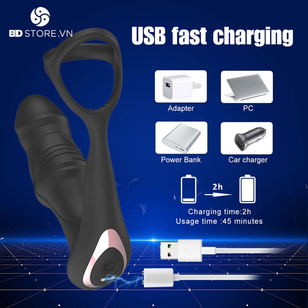 BDT3051 - Máy rung đầu cu mix vòng đeo gốc dương vật điều khiển xa