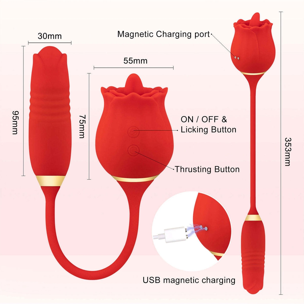 BDT477 - Trứng rung thụt 2 đầu hình bông hoa hồng có 10 chế độ và sạc điện