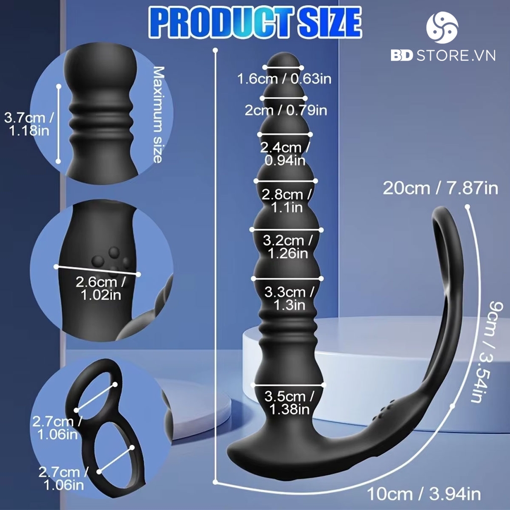 BDT4892 - Vòng rung dương vật mix anal beads điều khiển xa sạc điện