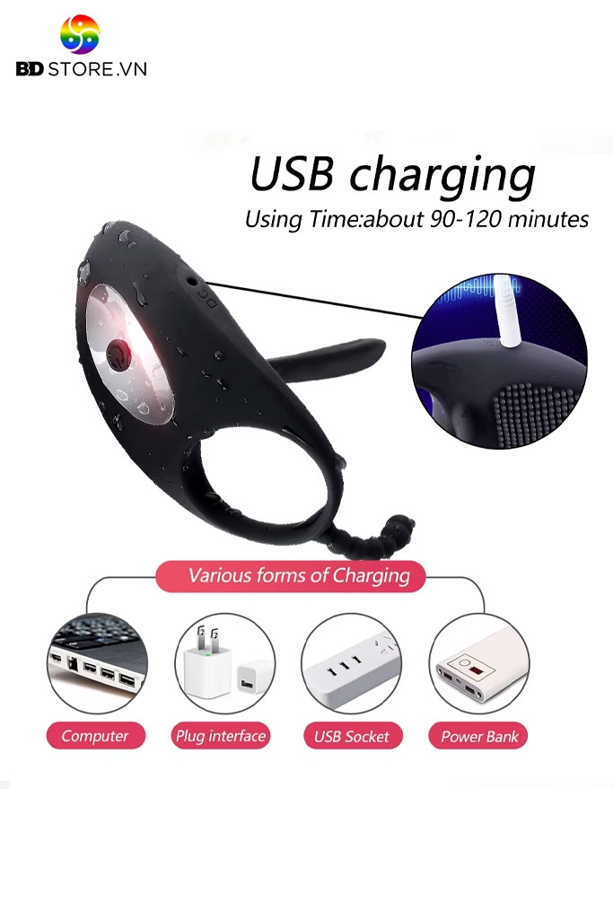BDT786 - Vòng rung dương vật mix chuỗi bi nhỏ điều khiển xa và sạc điện