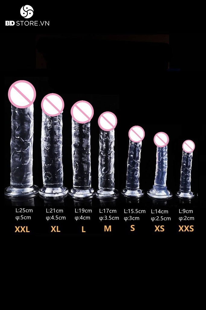 BDT840 - Dương vật giả trong suốt không bìu đế hít tường kèm 7 size