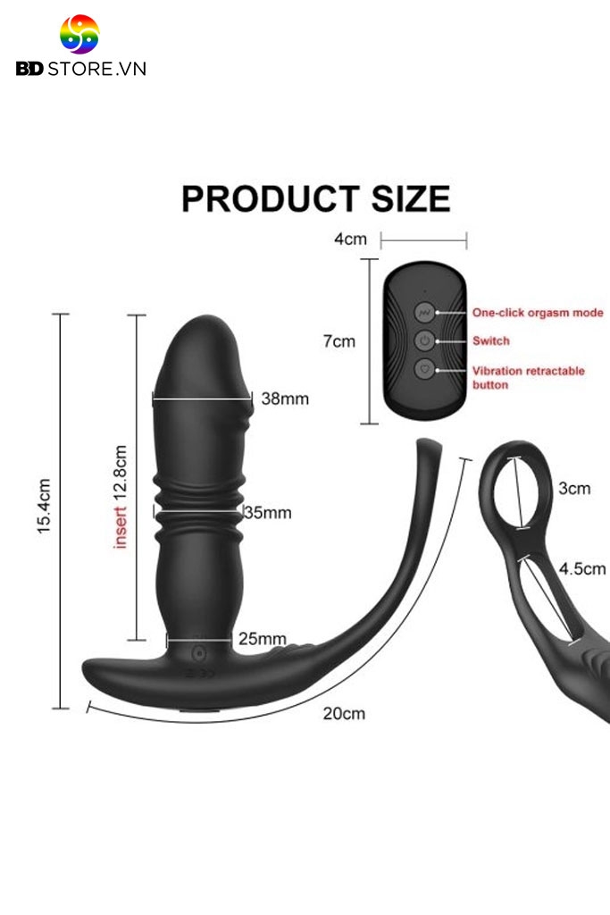 BDT984 - Máy rung hậu môn mix vòng đeo gốc cu silicon có chế độ thụt