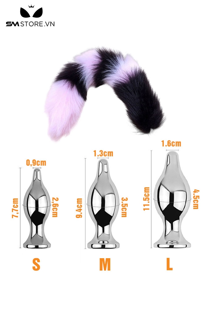 SMT049 - butt plug đuôi cáo 6 khúc màu đen tím kèm phích cắm tháo rời