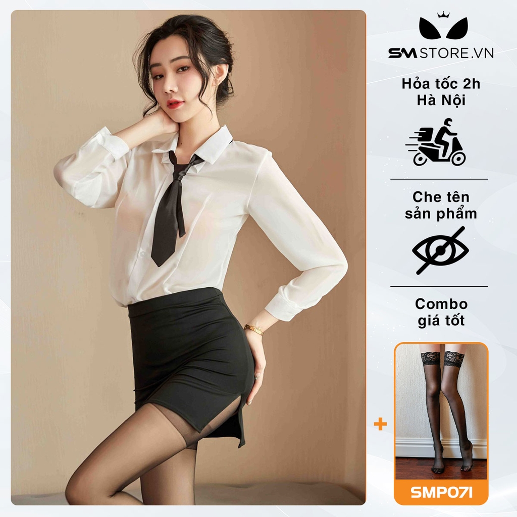 SMS037 - Cosplay thư ký áo sơ mi mỏng xuyên thấu phối chân váy đen