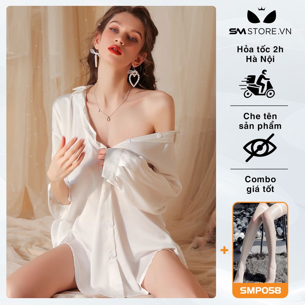 SMS074 - Áo sơ mi trắng mặc ngủ voan mỏng dáng dài đuôi tôm sexy