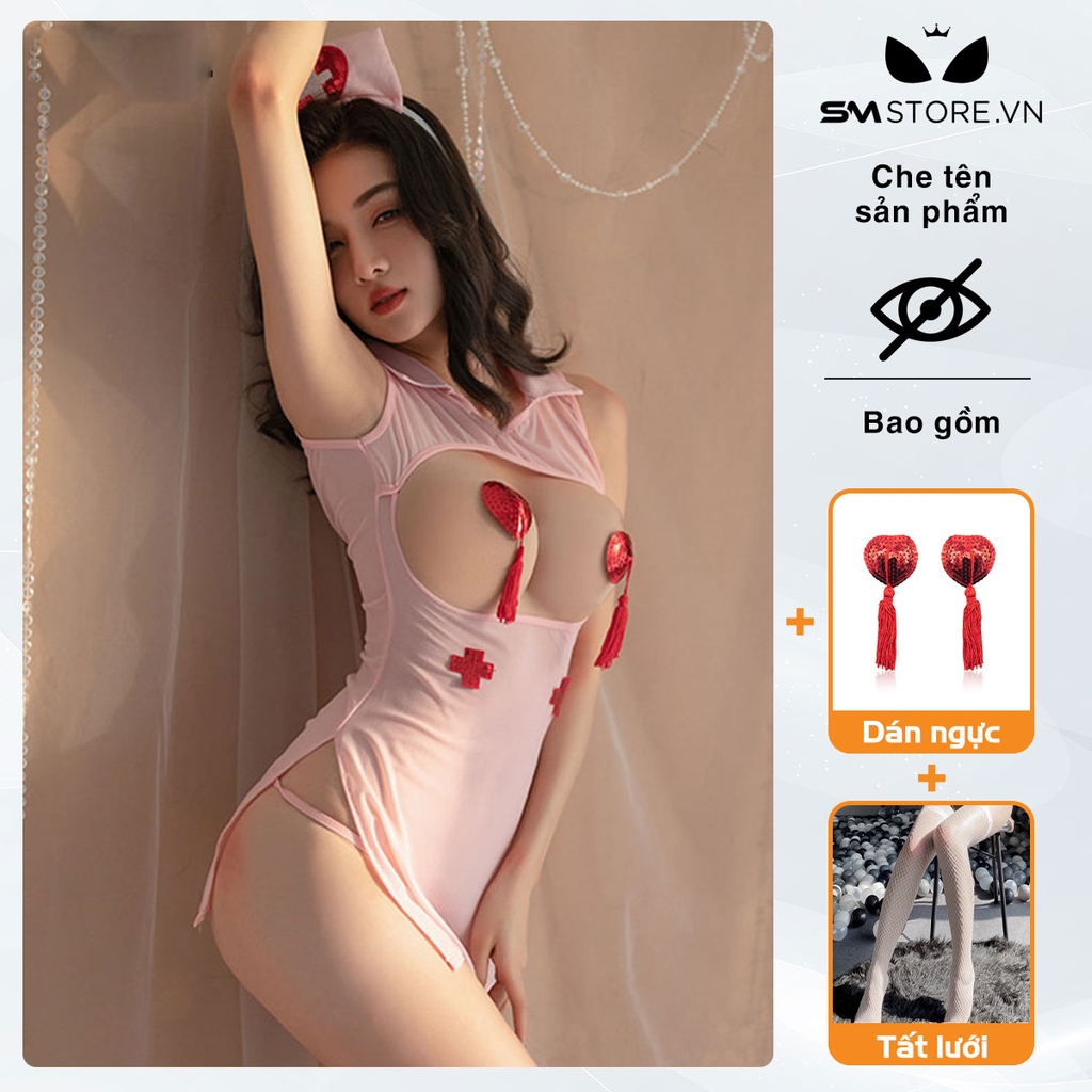 SMS323 - set cosplay y tá hở bạo với áo cổ bẻ và quần lọt khe