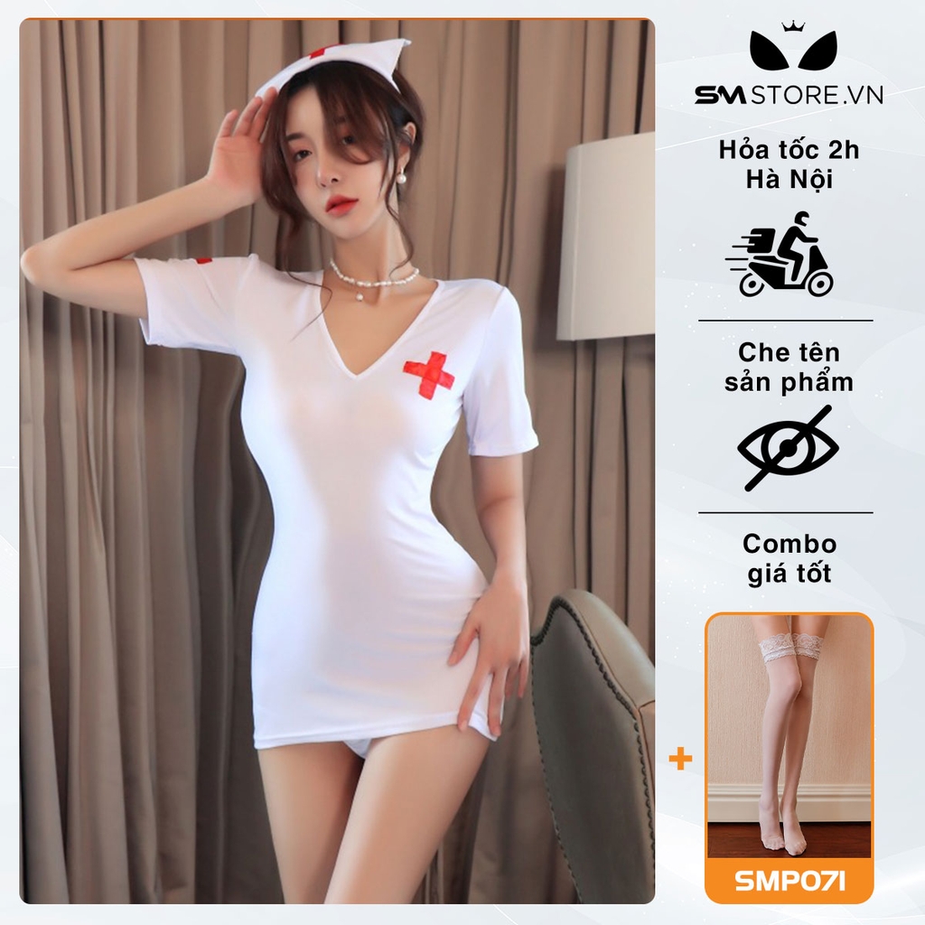 SMS327 - đồ cosplay y tá với váy ngắn thiết kế cổ chữ V cực sexy