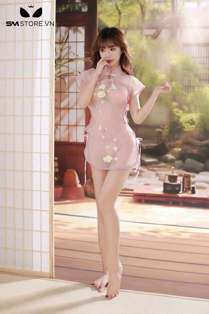 SMS510 - Áo ngủ siêu mỏng trong suốt kiểu sườn xám ngắn sexy