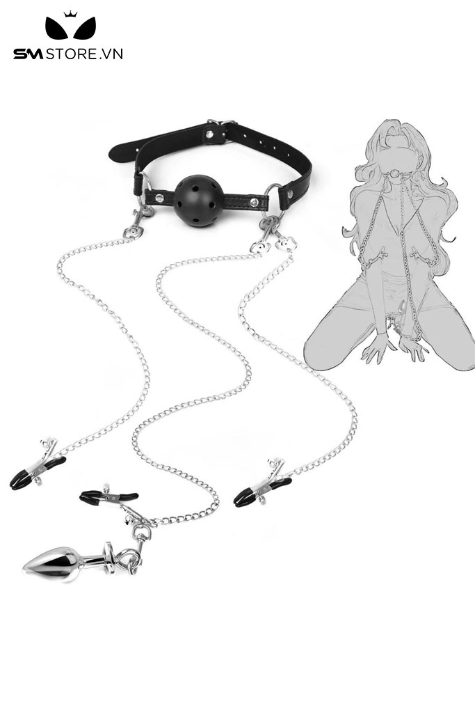 SMT3168 - Butt plug kèm ball gag silicon và dây nối kẹp núm vú 3 đầu