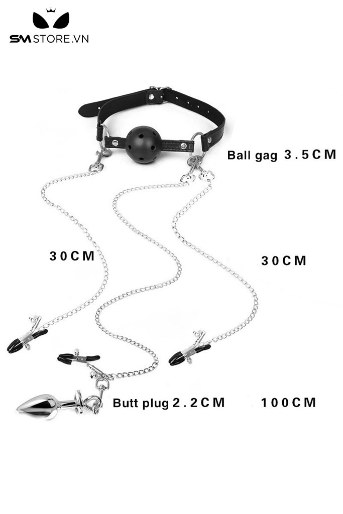 SMT3168 - Butt plug kèm ball gag silicon và dây nối kẹp núm vú 3 đầu