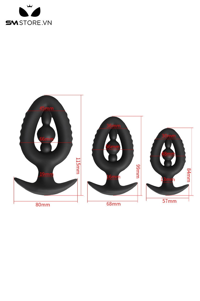 SMT3820 - Butt plug silicon đế cong rỗng giữa 3 tầng dài 84 99 và 115mm