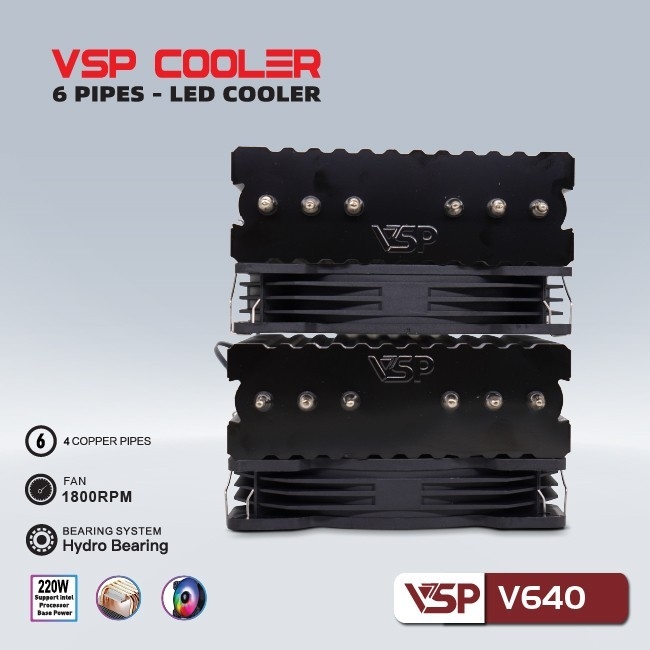 Tản CPU VSP V640 LED ARGB (Tản khí 6 ống đồng, tháp đôi, 2 Fan 12cm, Full Socket)