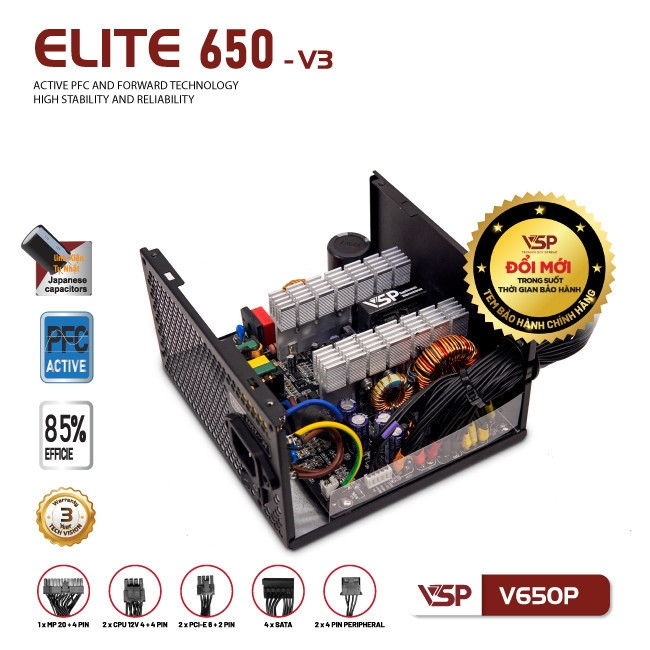 Nguồn Máy Tính  VSP Elite Active PFC V650P – V3 – 650W – Công Suất Thực – Chuẩn ATX