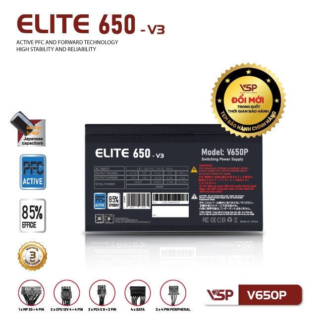 Nguồn Máy Tính  VSP Elite Active PFC V650P – V3 – 650W – Công Suất Thực – Chuẩn ATX