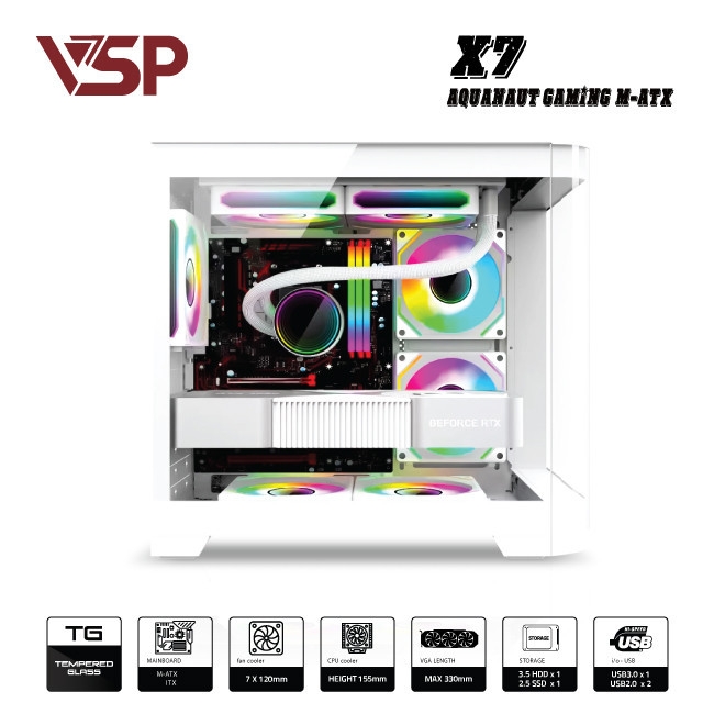 Vỏ Case Máy Tính VSP Aquanaut Pro Gaming M-ATX X7 Trắng (Dual Chamber / Kính Cường Lực)