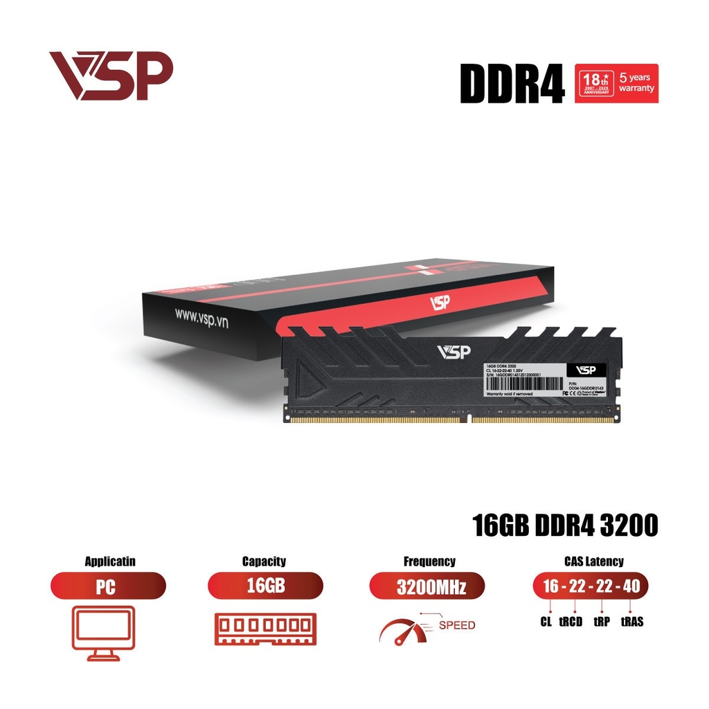 Bộ nhớ RAM VSP DDR4 16GB buss 3200MHz - Black
