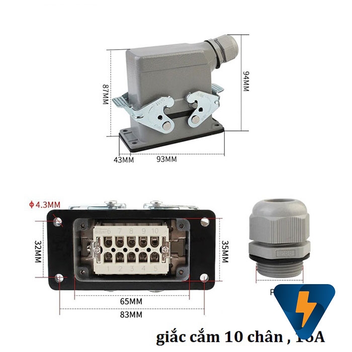 Đầu nối tải nặng cho cáp đồng trục Heavy Duty Connectors 10 Pin 16A hướng ngang