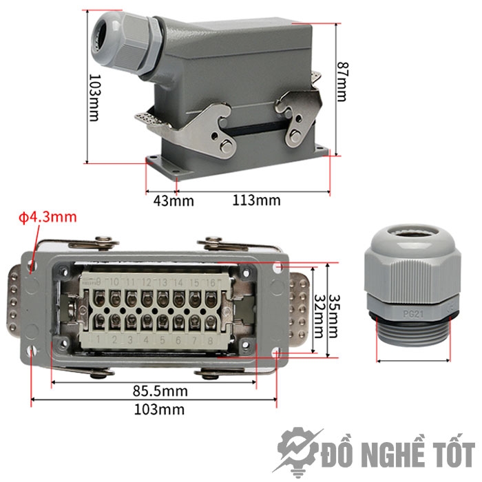 Giắc cắm (jack cắm) phích cắm 16 chân 16A HDC-HE-016-F HDC-HE-016-M