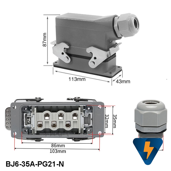 Đầu nối tải nặng cho cáp đồng trục 6 chân 35A