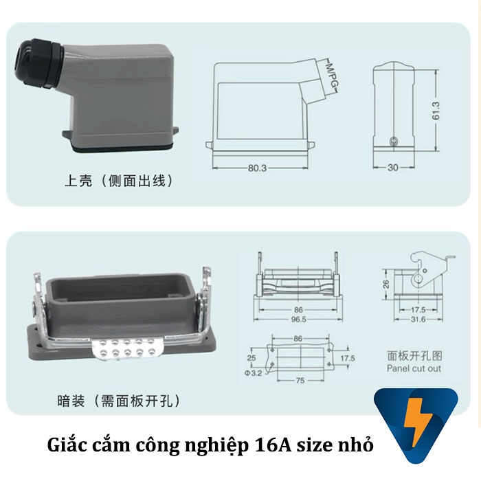 Giắc cắm công nghiệp 16 chân 16A size nhỏ