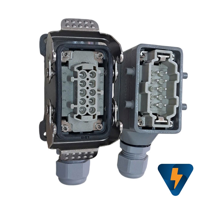 Đầu nối 10 pin + 1 Pe 16A đế nổi hướng bên hông