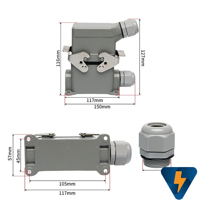 Đầu nối 10 pin + 1 Pe 16A đế nổi hướng bên hông
