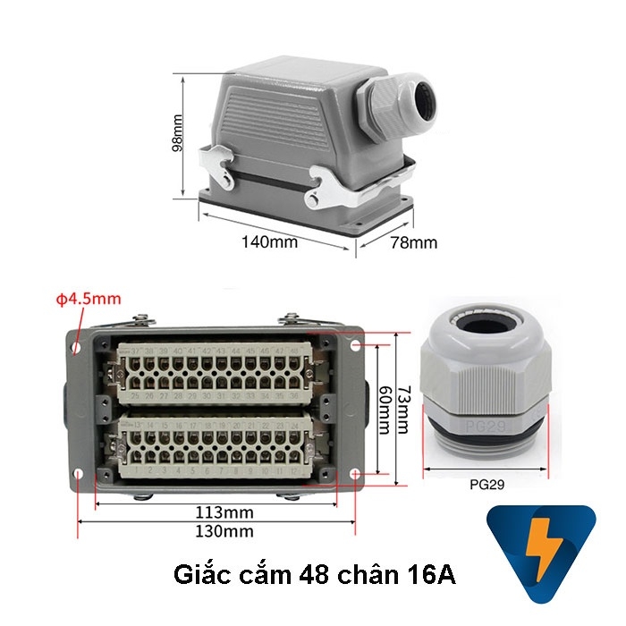 Heavy Duty Connector 48 Pin, AC 500 Volt  16A 6kv 3
