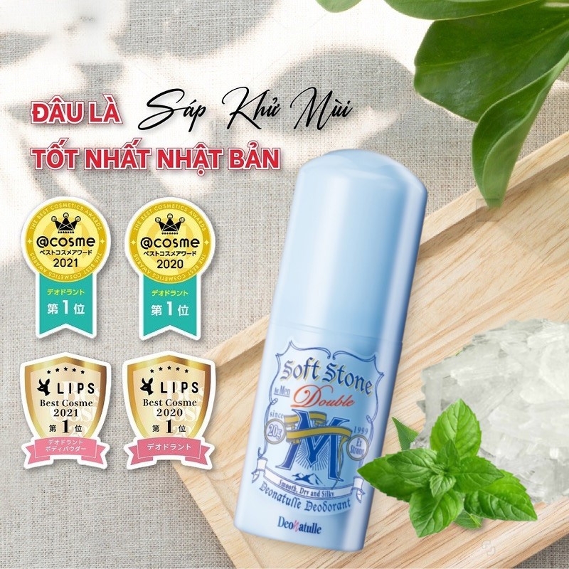 Lăn khử mùi đá khoáng  dạng sáp bạc hà cho nam 20G Deonatulle Soft  Stone Double Deodorant  for Men-4971825016674