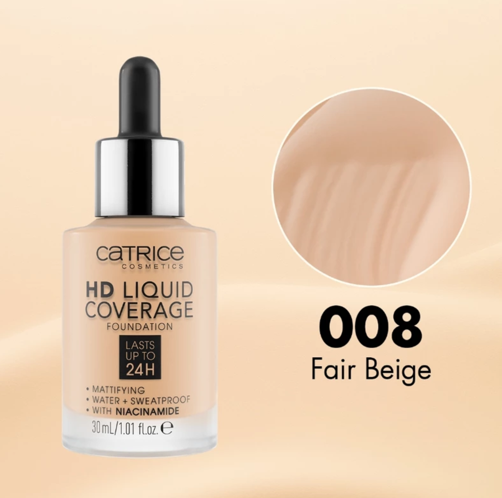 Kem nền Catrice HD Liquid Coverage Foundation 008 Fair Beige, dạng lỏng 30ml