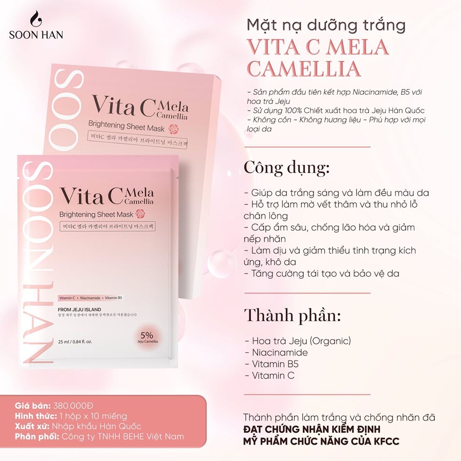 Soon Han Vita C Mela Camellia Brightening Sheet Mask (1 hộp / 10 cái)