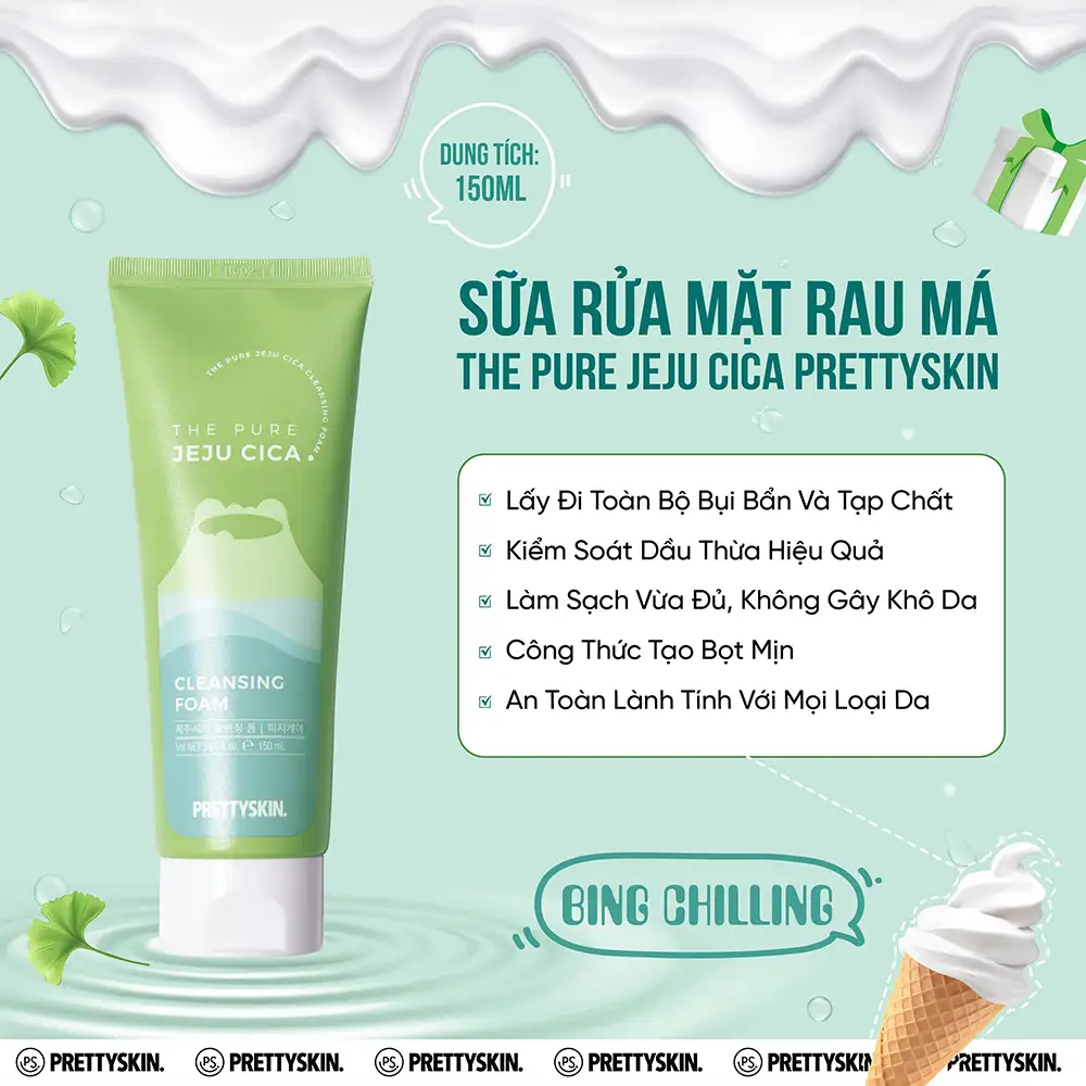 Sữa rửa mặt rau má ( PRETTYSKIN THE PURE JEJU CICA CLEANSING FOAM ), dung tích 150 ml, dạng tuýp, hiệu PRETTYSKIN