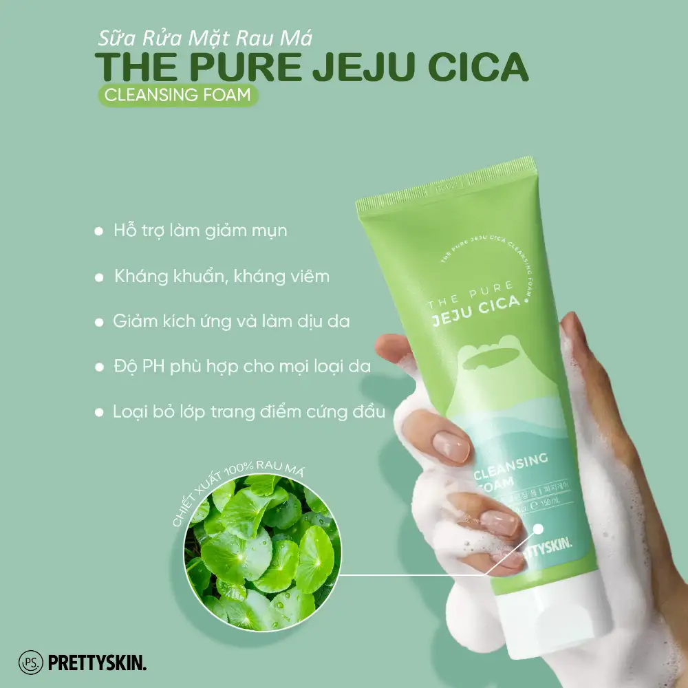 Sữa rửa mặt rau má ( PRETTYSKIN THE PURE JEJU CICA CLEANSING FOAM ), dung tích 150 ml, dạng tuýp, hiệu PRETTYSKIN