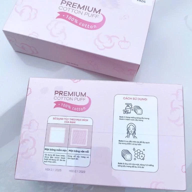 Bông tẩy trang loại vuông hiệu RESKIN, Premium, kích thước 5*5cm, đóng gói bán lẻ 140 hộp/thùng, 150 miếng/hộp, mới 100%
