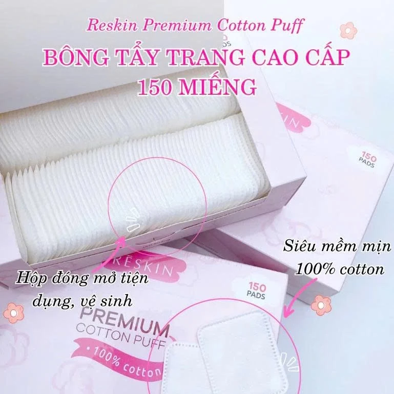 Bông tẩy trang loại vuông hiệu RESKIN, Premium, kích thước 5*5cm, đóng gói bán lẻ 140 hộp/thùng, 150 miếng/hộp, mới 100%