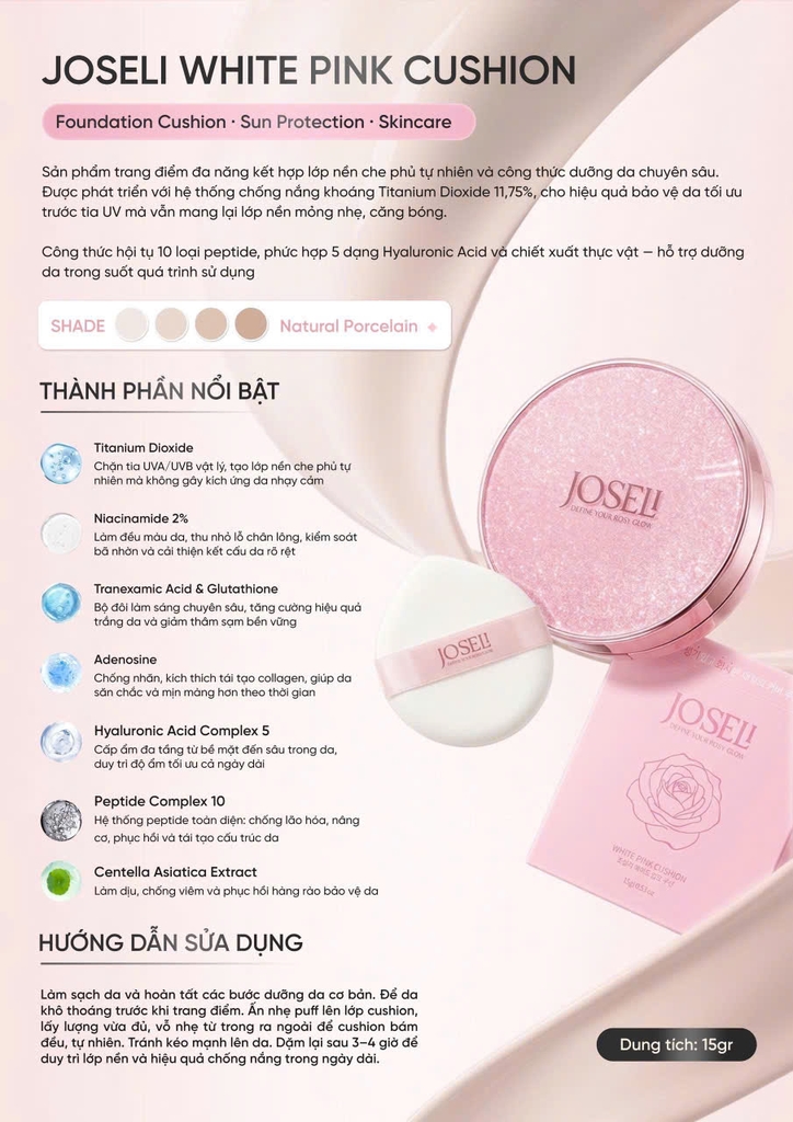 Phấn nước trang điểm JOSELI WHITE PINK CUSHION, 15G/hộp