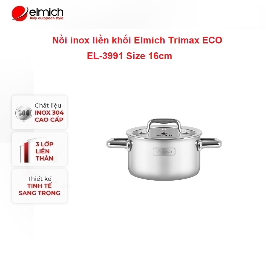Nồi Inox 304 cao cấp 3 đáy liền khối Elmich Trimax Eco EL-3991 Size 16cm