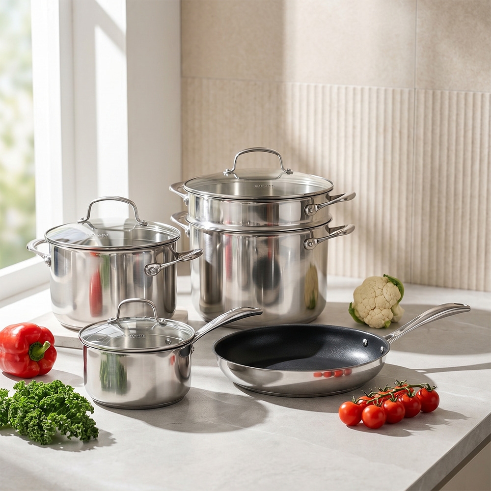 Bộ nồi chảo inox 304 Elmich Premium EL3134, nồi 18cm, 20cm, nồi hấp 24cm, chảo 26cm